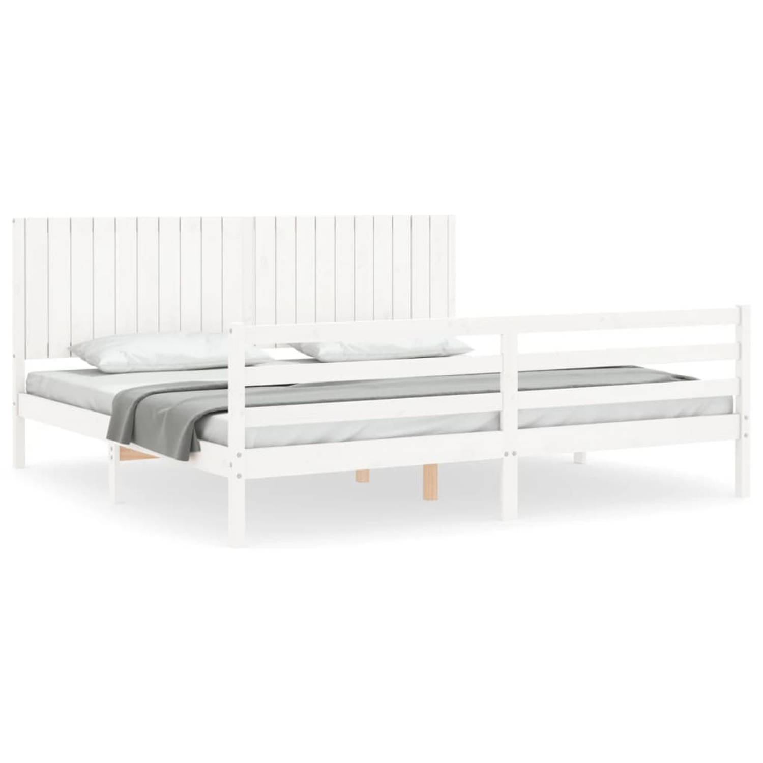 The Living Store Bedframe met hoofdbord massief hout wit 200x200 cm - Bedframe - Bedframes - Bed - Tweepersoonsbed - Slaapkamermeubel - Houten Bedframe - Houten Bed - Bedbodem - Ma