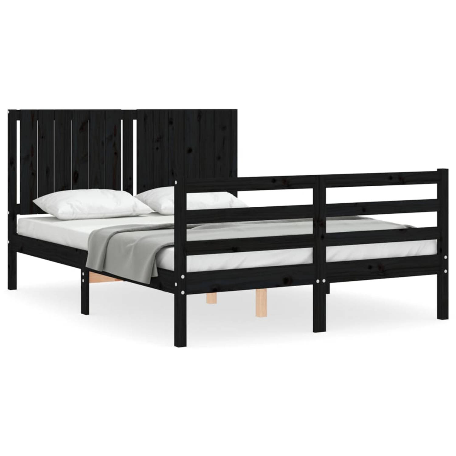 The Living Store Bedframe met hoofdbord massief hout zwart 140x200 cm - Bedframe - Bedframes - Bed - Tweepersoonsbed - Slaapkamermeubel - Houten Bedframe - Houten Bed - Bedbodem -