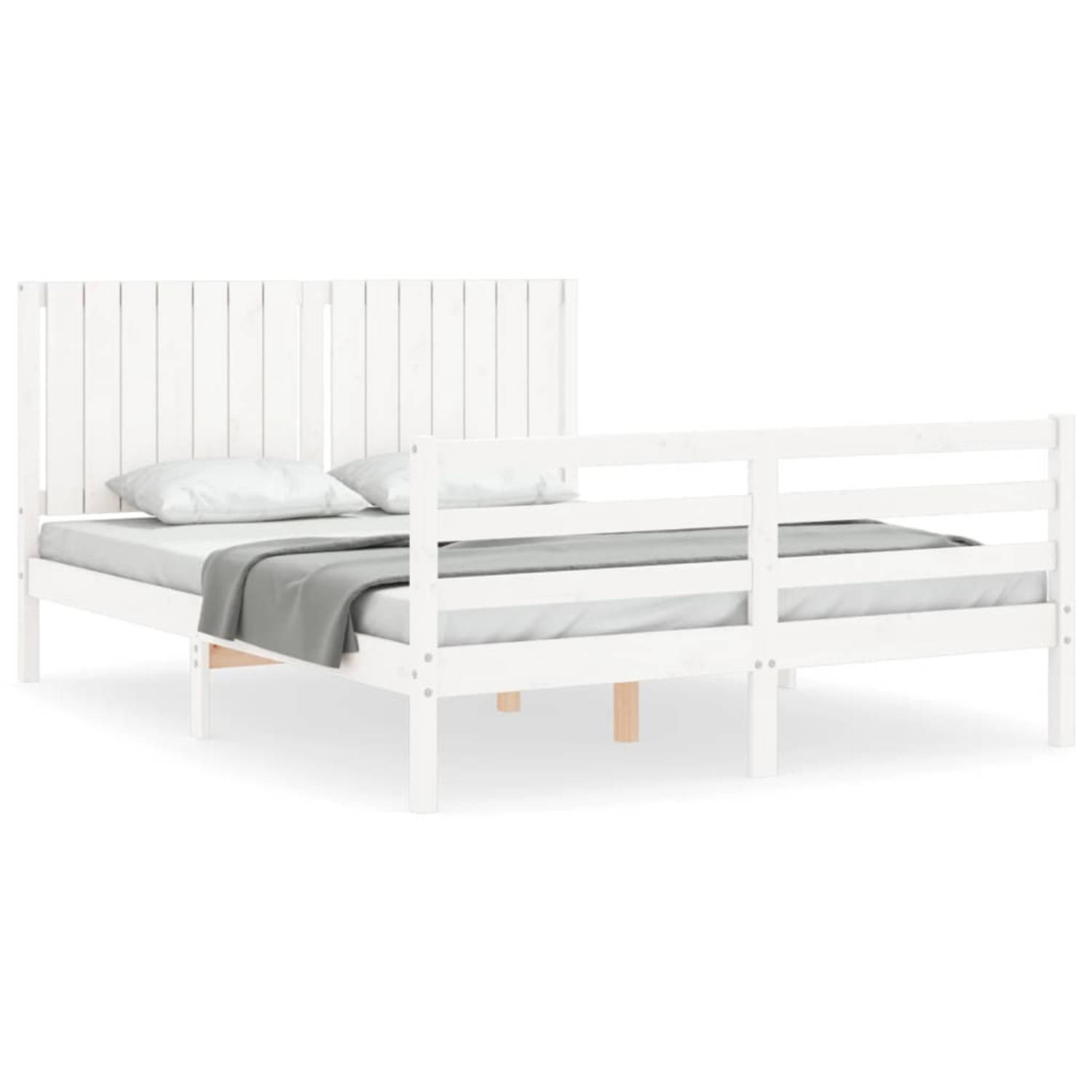 The Living Store Bedframe met hoofdbord massief hout wit 160x200 cm - Bedframe - Bedframes - Bed - Tweepersoonsbed - Slaapkamermeubel - Houten Bedframe - Houten Bed - Bedbodem - Ma