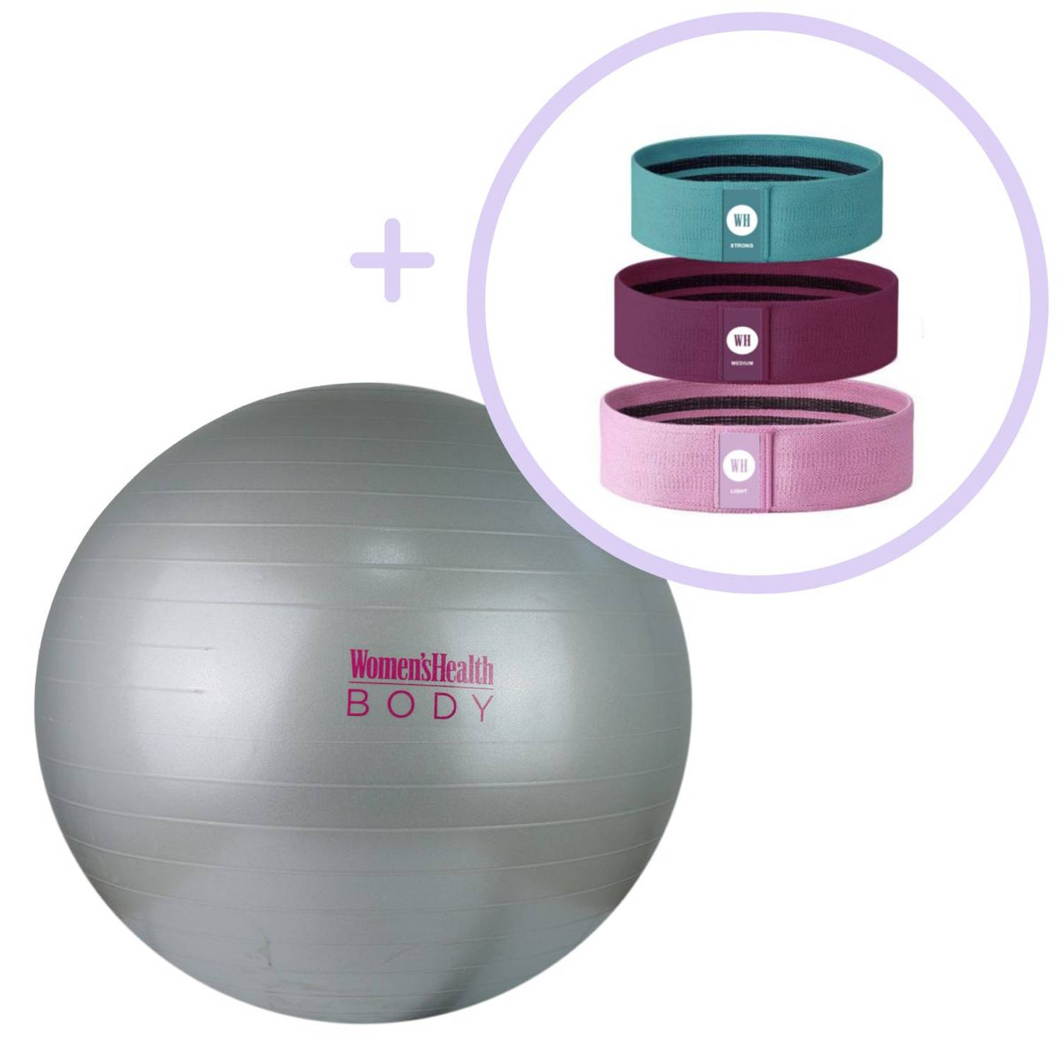 Women's Health, Gym Ball 65 cm + 3-pack Booty Bands – Fitnessbal - Weerstandsbanden - fitnessaccessoires - Home Fitness - Fitnesselastiek - Resistance band - 4-delige set met een O