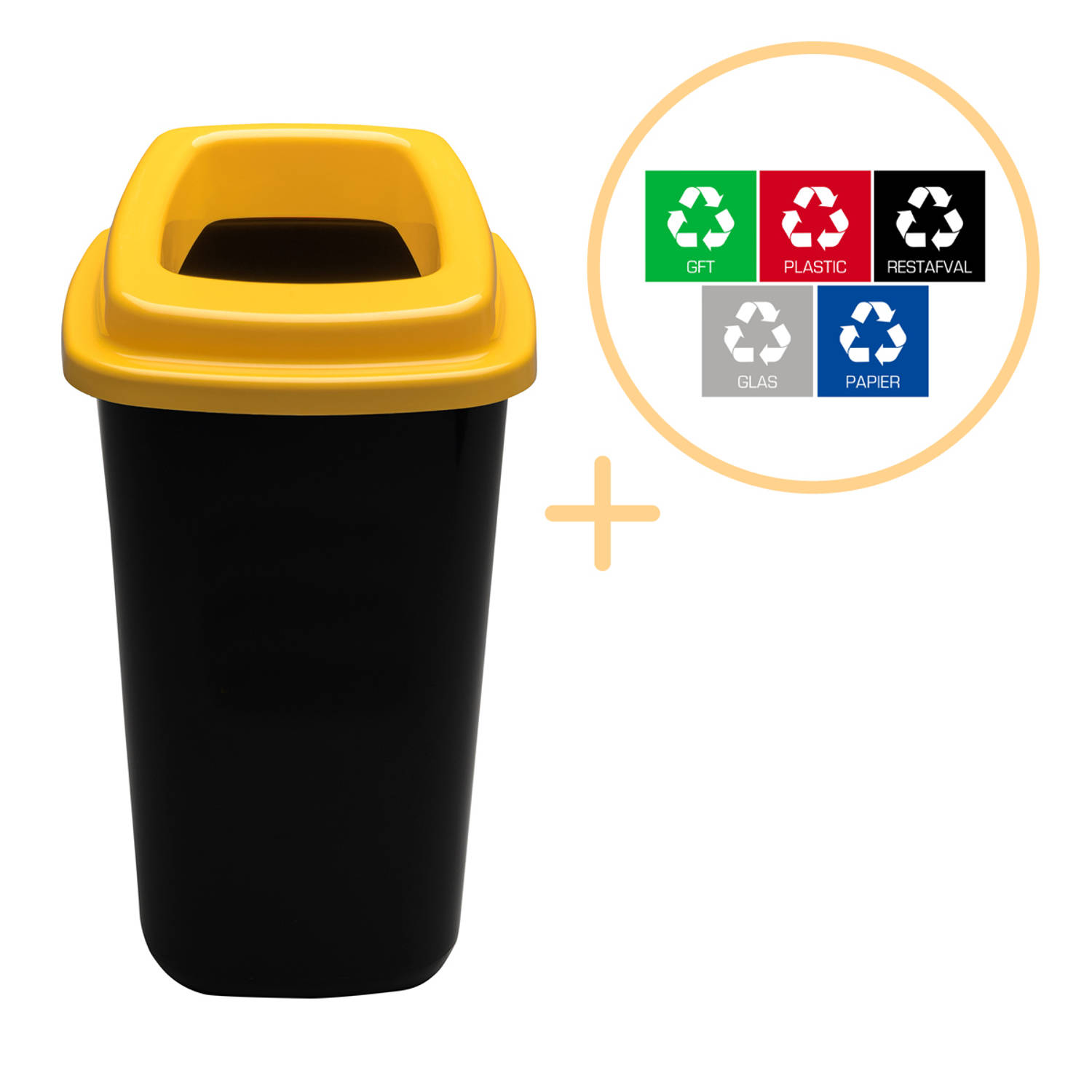 Plafor Sort Bin, Prullenbak voor afvalscheiding - 45L – Zwart/Geel - Inclusief 5-delige Stickerset - Afvalbak voor gemakkelijk Afval Scheiden en Recycling - Afvalemmer - Vuilnisbak