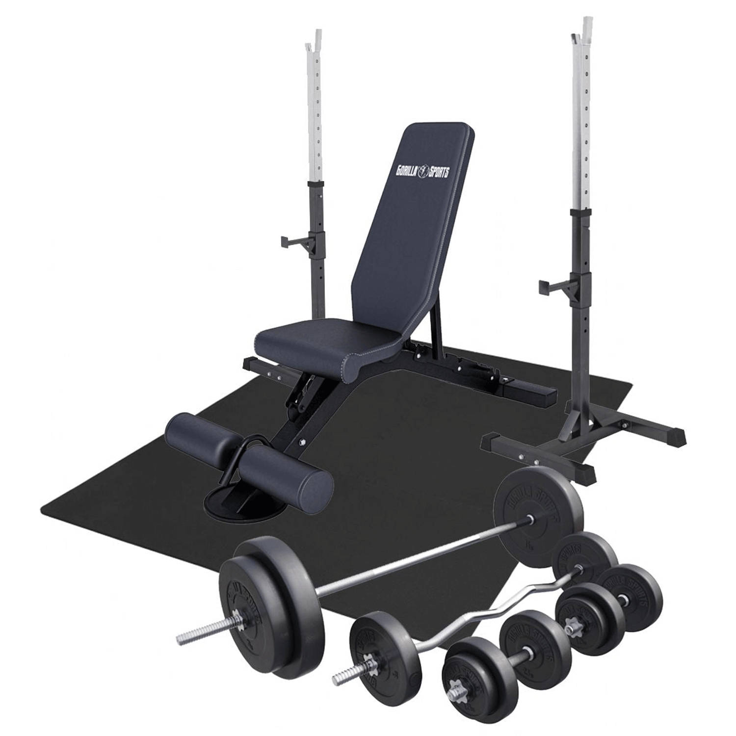 Gorilla Sports Fitnessbank Wit Met Gewichten 100 kg Squat rack Puzzelmat Complete Set Kunststof