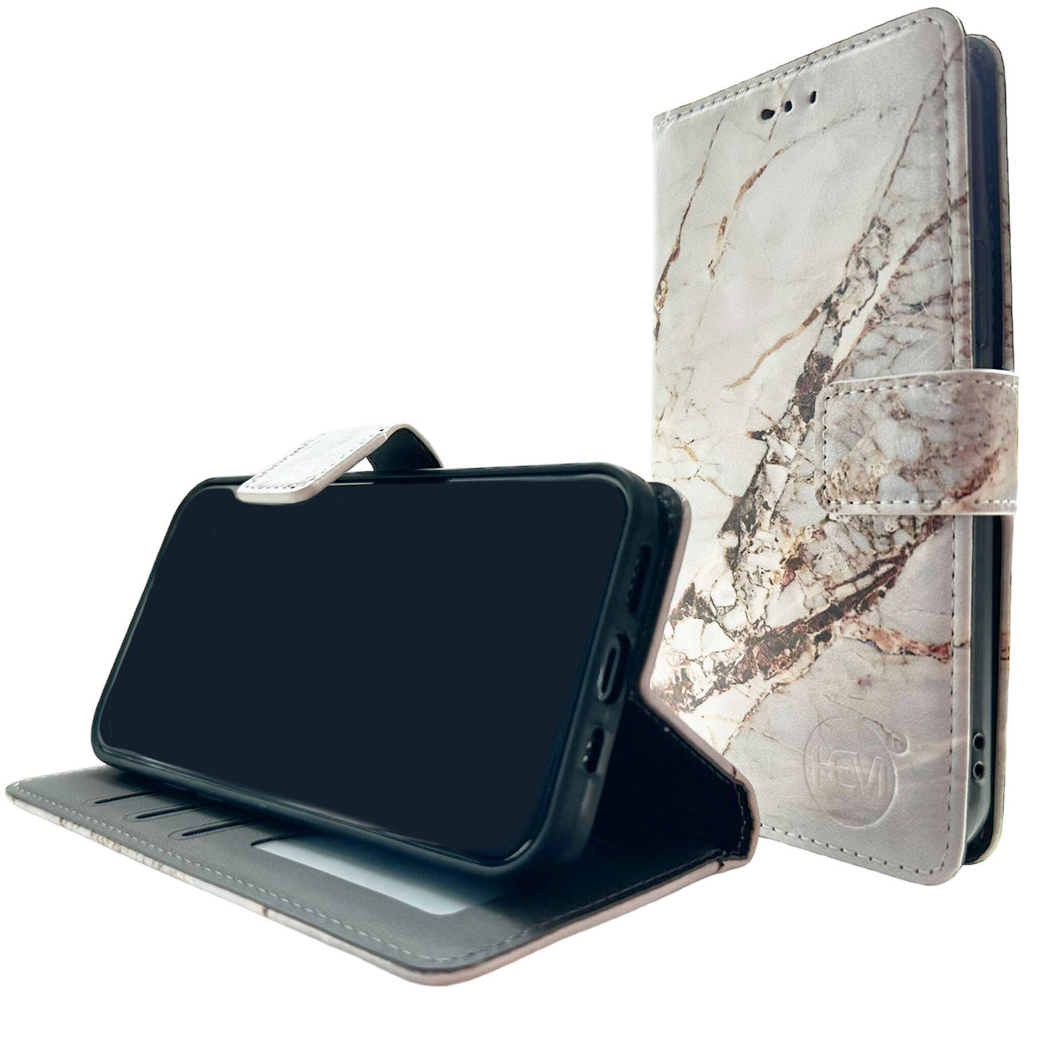 HEM Stylish Book Case (geschikt voor S23 Plus) Samsung S23 Plus hoesje met 3 pasjesuitsnedes + fotovakje - Portemonneehoesje - pasjeshouder - Marble Wit/Goud
