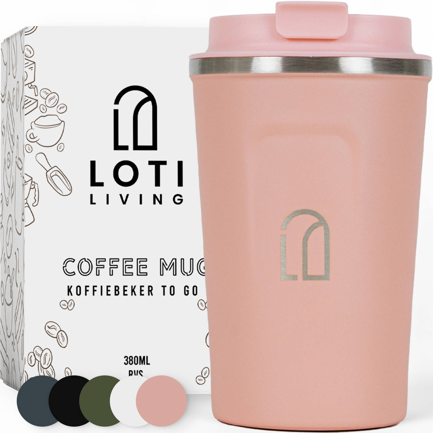 Loti Living Koffiebeker To Go - Thermosbeker - Koffiebeker onderweg - Theebeker - Travel mug - 380ml - Roze