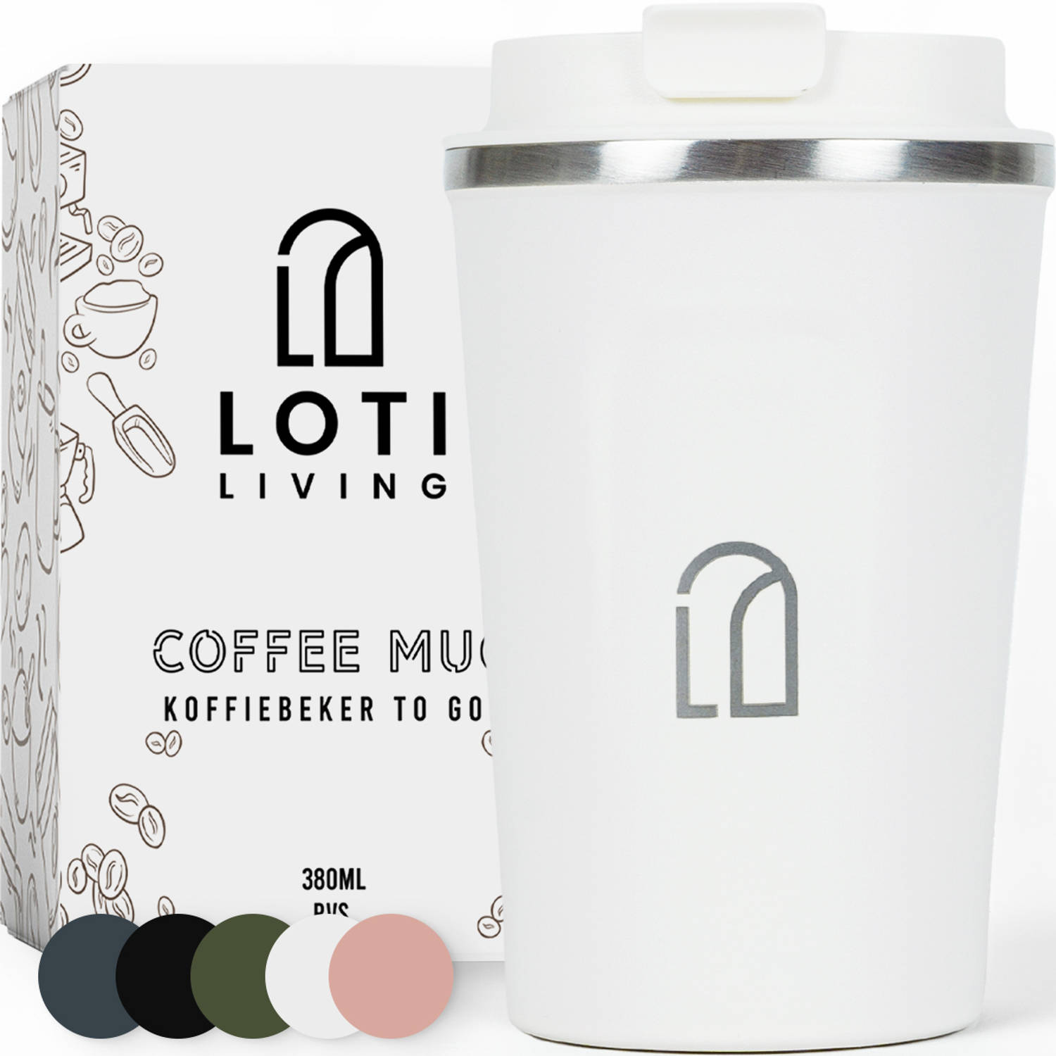 Loti Living Koffiebeker To Go - Thermosbeker - Koffiebeker onderweg - Theebeker - Travel mug - 380ml - Wit