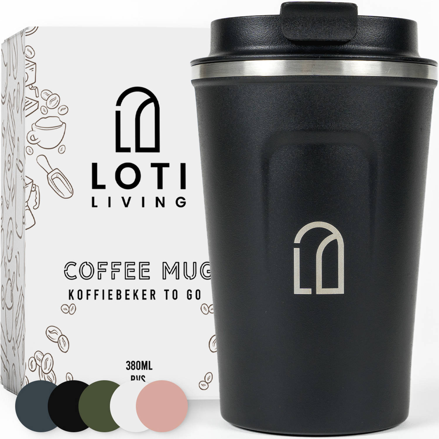 Loti Living Koffiebeker To Go - Thermosbeker - Koffiebeker onderweg - Theebeker - Travel mug - 380ml - Zwart