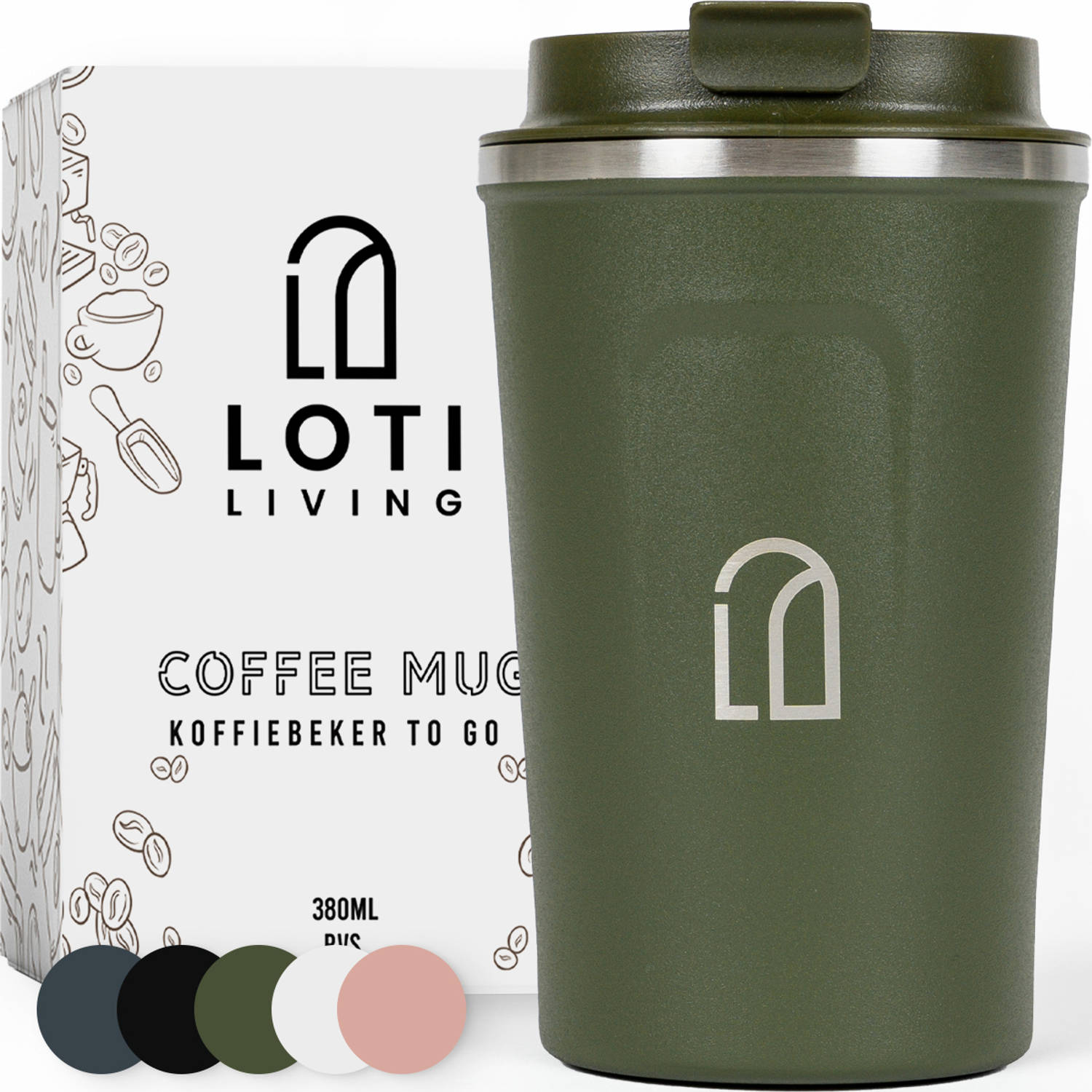 Loti Living Koffiebeker To Go - Thermosbeker - Koffiebeker onderweg - Theebeker - Travel mug - 380ml - Groen
