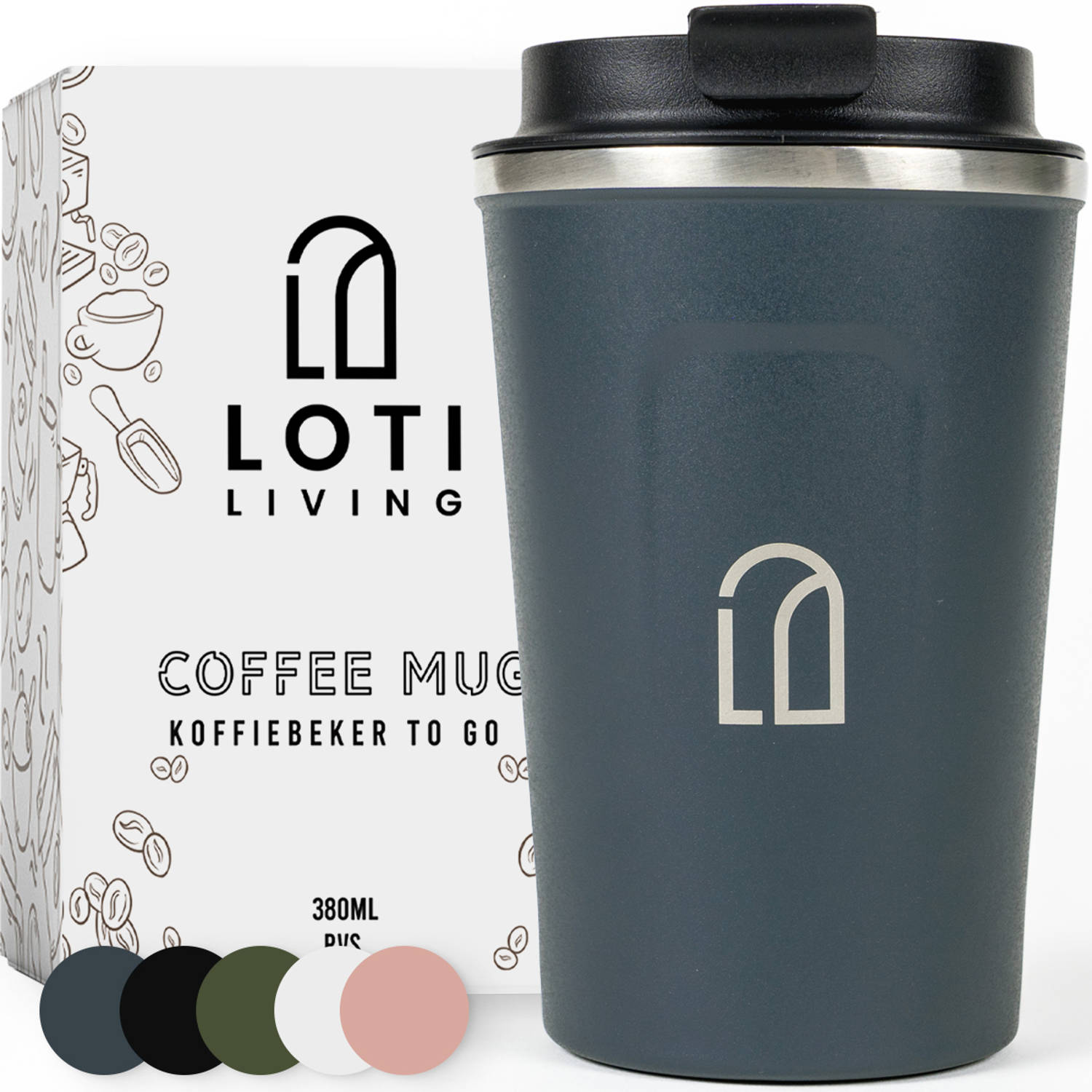 Loti Living Koffiebeker To Go - Thermosbeker - Koffiebeker onderweg - Theebeker - Travel mug - 380ml - Blauw