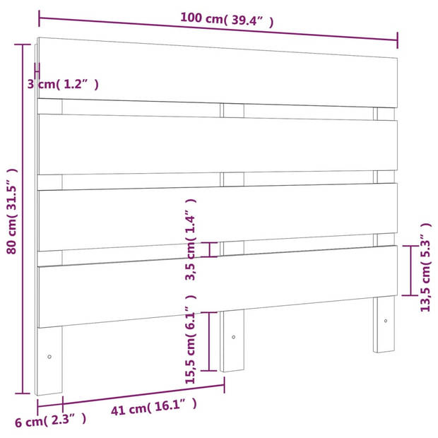 vidaXL Hoofdbord 100x3x80 cm massief grenenhout grijs