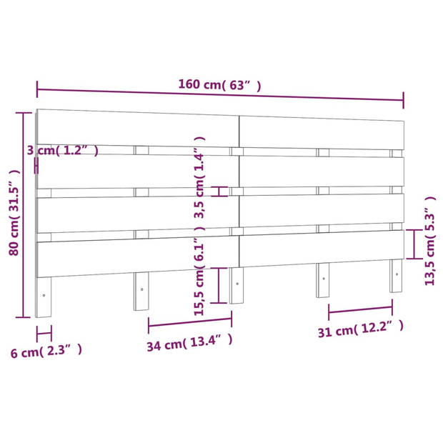 vidaXL Hoofdbord 160x3x80 cm massief grenenhout wit