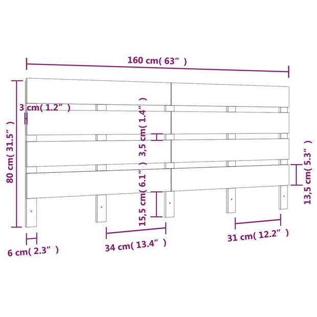 vidaXL Hoofdbord 160x3x80 cm massief grenenhout