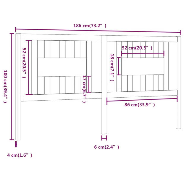 vidaXL Hoofdbord 186x4x100 cm massief grenenhout wit