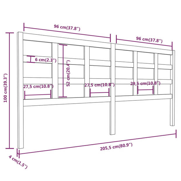 vidaXL Hoofdbord 205,5x4x100 cm massief grenenhout honingbruin