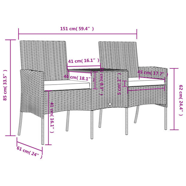 The Living Store Loungeset Poly Rattan - 2-zits tuinbank met tafeltje - 151 x 61 x 85 cm - Antraciet - donkergrijs