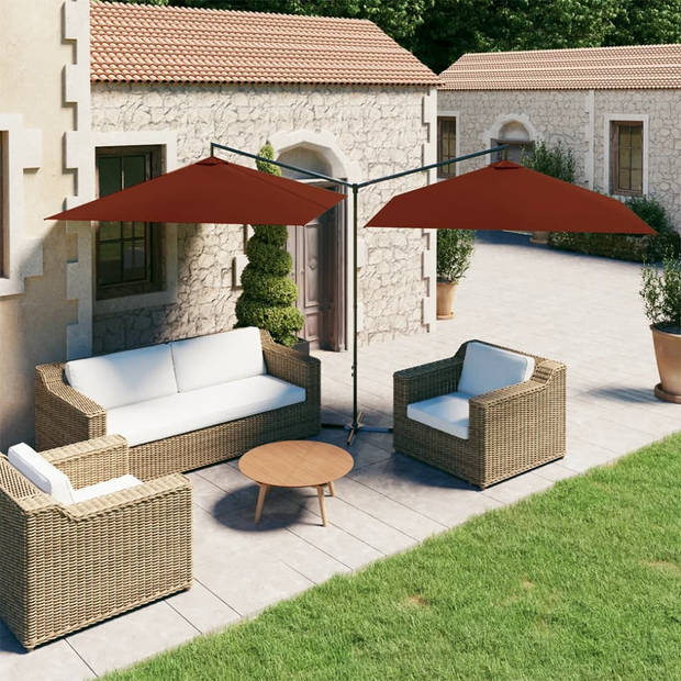 The Living Store Dubbele Parasol - Polyester - Stalen Paal - 600x290x260cm - Terracotta