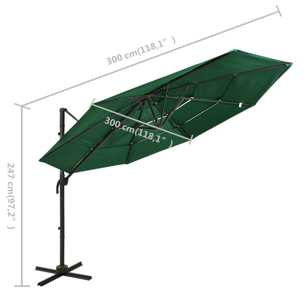 The Living Store Parasol - 4-laags - Groen - 300 x 300 cm (B x D x H) - UV-beschermend - Aluminium