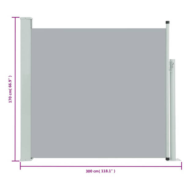 The Living Store Zijscherm - Grey - 170 x (0 - 300) cm - UV- en scheurbestendig polyester
