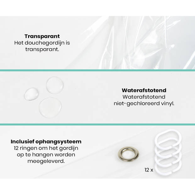 Loti Living Douchegordijn Anti Schimmel – Transparant - Inclusief ringen – Waterdicht - PEVA - Douchegordijn 180x200 cm