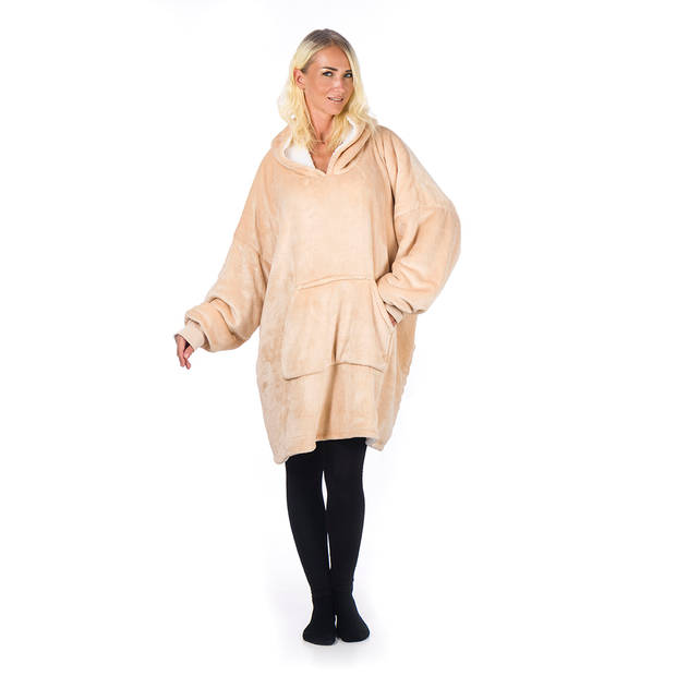 Hoodie Deken, Beige, Fleece plaid met mouwen Oversized knuffeltrui heren dames