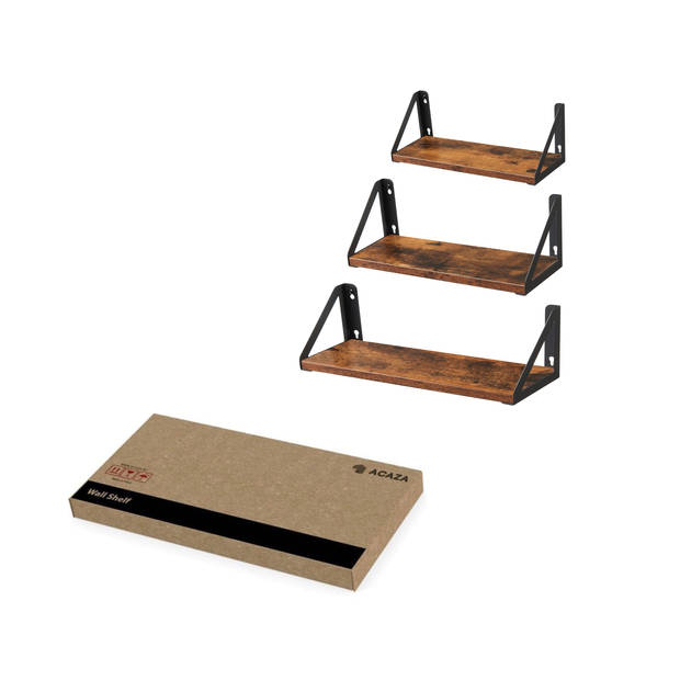 ACAZA ACAZA Set van 3 Wandplanken, Zwevende Plank, 30/35/40 x 12 x 11, Vintage Bruin Zwart