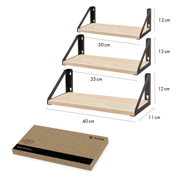 Set van 3 Wandplanken, Zwevende Boeken Planken, 30, 35 en 40 cm lang, Licht bruin