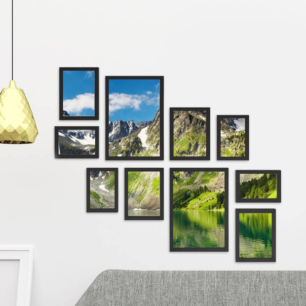 ACAZA Fotowand van 10 Fotolijsten met verschillende Formaten (20x30, 13x18, 10x15), Multi Fotokaders in MDF, Zwart