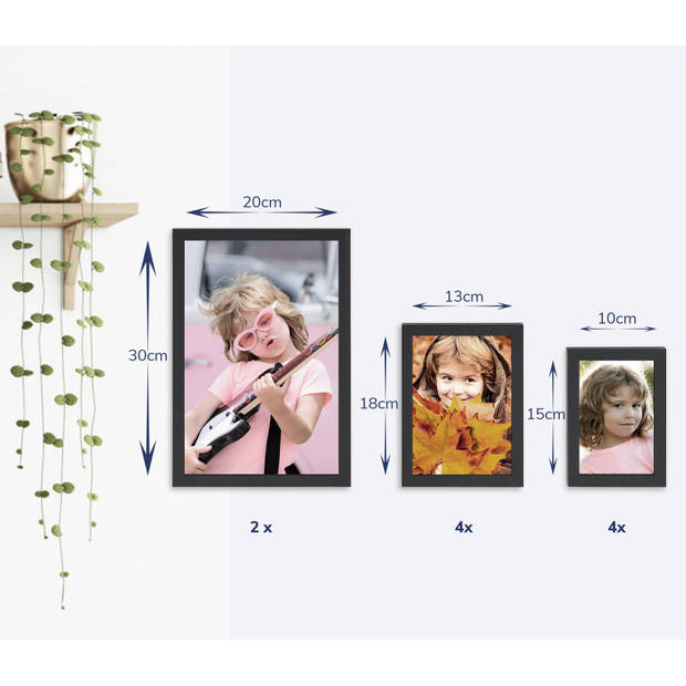 ACAZA Fotowand van 10 Fotolijsten met verschillende Formaten (20x30, 13x18, 10x15), Multi Fotokaders in MDF, Zwart
