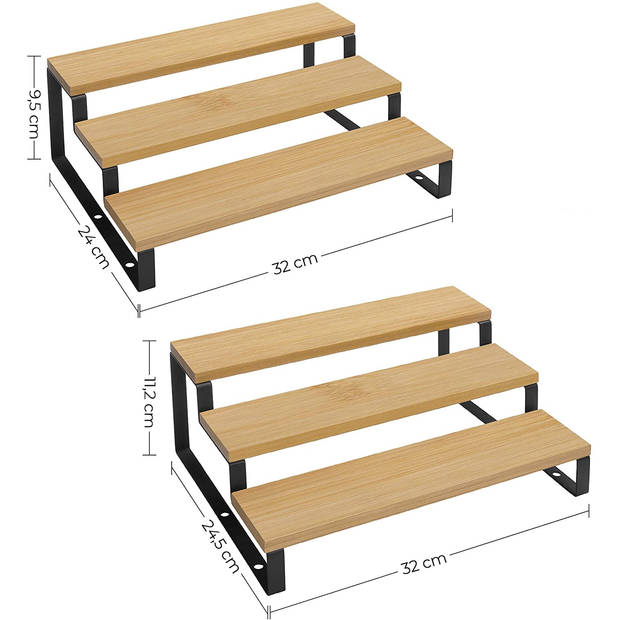 Kruidenrekken, Set van 2, Keukenrekken, met 3 Planken, bamboe, uitschuifbaar, stapelbaar, voor Keuken, Werkblad, Zwart