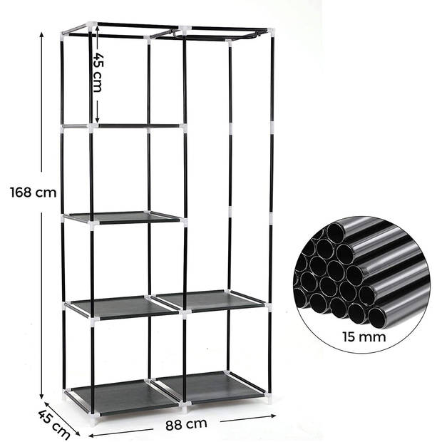 Stoffen kledingkast, garderobe, voor slaapkamer, kleedkamer, met legplanken en ophangrails, 88 x 45 x 168 cm, zwart