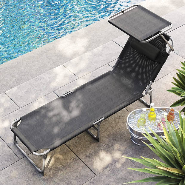 ACAZA Ligstoel met Hoofdsteun en zon Bescherming, verstelbare Rugleuning, inklapbaar, donker grijs