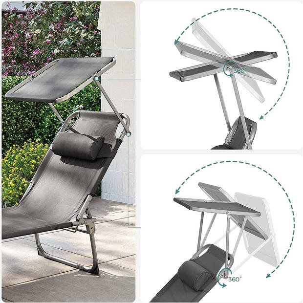 ACAZA Ligstoel met Hoofdsteun en zon Bescherming, verstelbare Rugleuning, inklapbaar, donker grijs