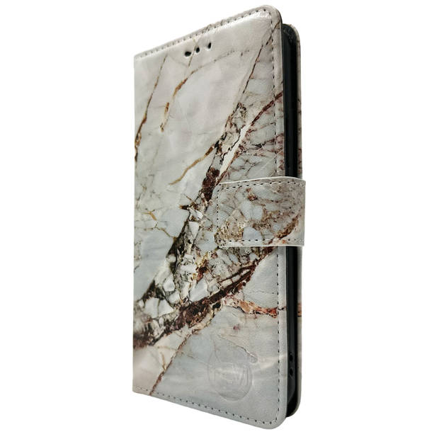 HEM Stylish Book Case Geschikt voor Samsung S24 Ultra hoesje met 3 pasjeshouders + fotovakje - Marble Wit/Goud