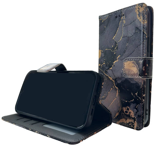 HEM Stylish Book Case geschikt voor Samsung S24 Plus hoesje met 3 pasjeshouders + fotovakje - Marble Blauw/Goud