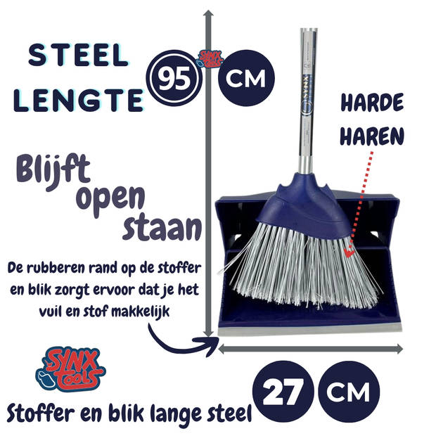 Synx Tools Stoffer en Blik met lange stelen 95 cm Blauw Kunststof - Stoffer Blik set - Stoffer en blik sluitend model -