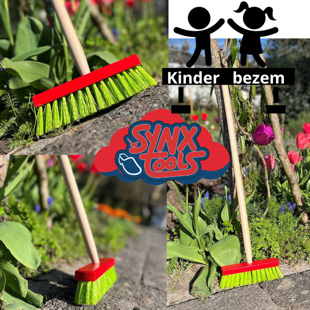 Synx Tools Kinderbezem Junior Rood Groen Bezem - Bezems - Buitenspeelgoed / Speelgoed incl. Steel 80cm - tuinierspeelgoe