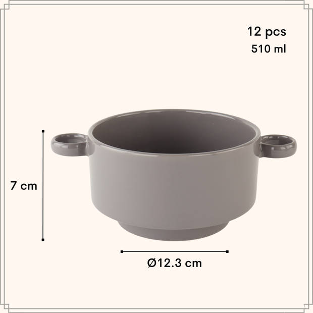 OTIX Soepkommen met Oor - 12 stuks - Grijs - Soeptassen - 510ml - Aardewerk