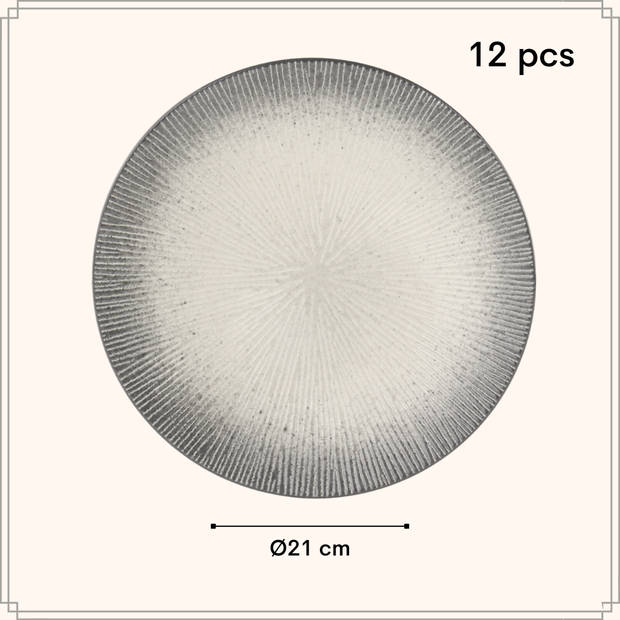 OTIX Dessert Ontbijt - Bordenset - 12 Persoons - Zwart - Taupe - 21cm - Keramiek - TULIP