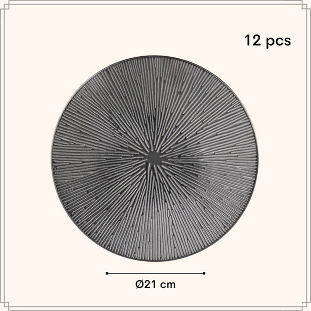 OTIX Dessert Ontbijt Bordenset - 12 Persoons - Zwart - 21cm - Keramiek - POPPY