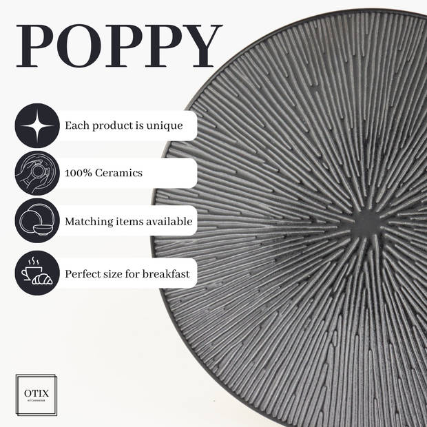 OTIX Dessert Ontbijt Bordenset - 12 Persoons - Zwart - 21cm - Keramiek - POPPY