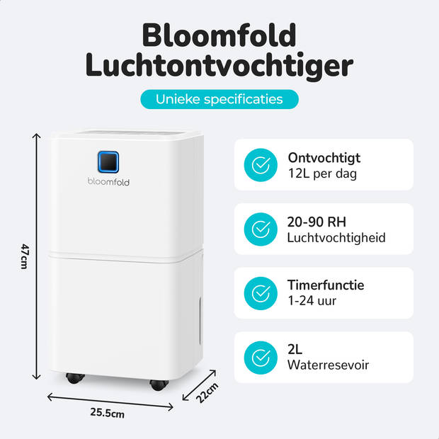 Bloomfold Luchtontvochtiger - 12L per Dag - Incl. Was-droog Functie