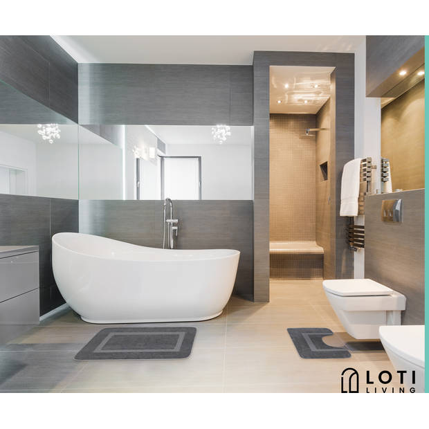 Loti Living Badmat Set met Toiletmat Antislip – Douchemat – Badmat set wc mat - Grijs - 50x80 cm + 50x40 cm