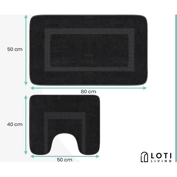 Loti Living Badmat Set Met Toiletmat Antislip – Douchemat – Badmat set wc mat - Zwart - 50x80 cm + 50x40 cm