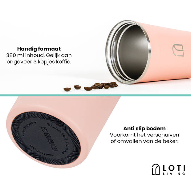 Loti Living Koffiebeker To Go – Thermosbeker - Koffiebeker onderweg – Theebeker – Travel mug - 380ml – Roze