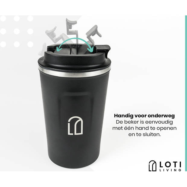 Loti Living Koffiebeker To Go – Thermosbeker - Koffiebeker onderweg – Theebeker – Travel mug - 380ml – Zwart