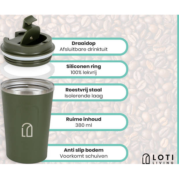 Loti Living Koffiebeker To Go – Thermosbeker - Koffiebeker onderweg – Theebeker – Travel mug - 380ml – Groen