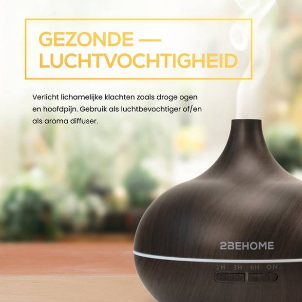 2BEHOME Aroma Diffuser 550ML met Afstandsbediening - Incl. 16 Etherische Oliën Cadeauset -Donkere houtlook-7 LED Kleuren