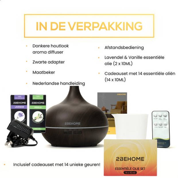 2BEHOME Aroma Diffuser 550ML met Afstandsbediening - Incl. 16 Etherische Oliën Cadeauset -Donkere houtlook-7 LED Kleuren