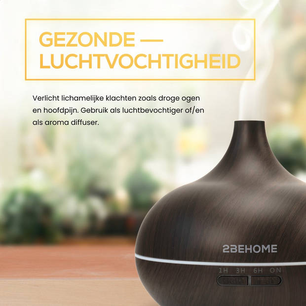 2BEHOME® Aroma Diffuser 550ML met Afstandsbediening - Incl. 16 Etherische Oliën - Donkere houtlook - 7 LED Kleuren