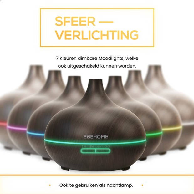 2BEHOME Aroma Diffuser 550ML met Afstandsbediening - Incl. 16 Etherische Oliën Cadeauset -Donkere houtlook-7 LED Kleuren