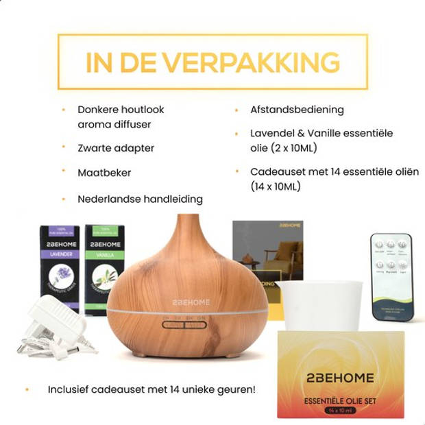 2BEHOME Aroma Diffuser 550ML met Afstandsbediening -Incl. 16 Etherische Oliën Cadeauset -Lichte houtlook - 7 LED Kleuren